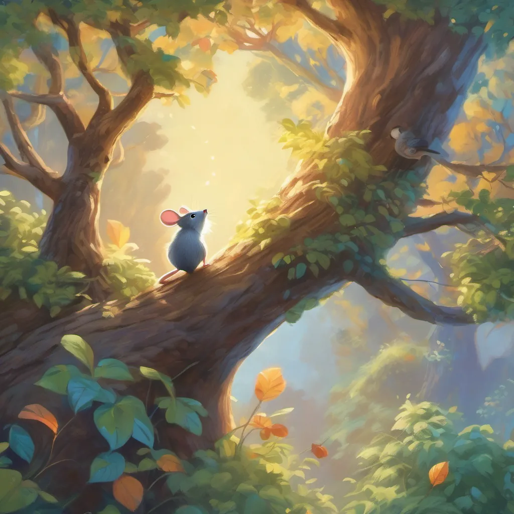 illustration of a talking mouse looking up at an owl in a tree, with lively expressions of excitement and adventure
