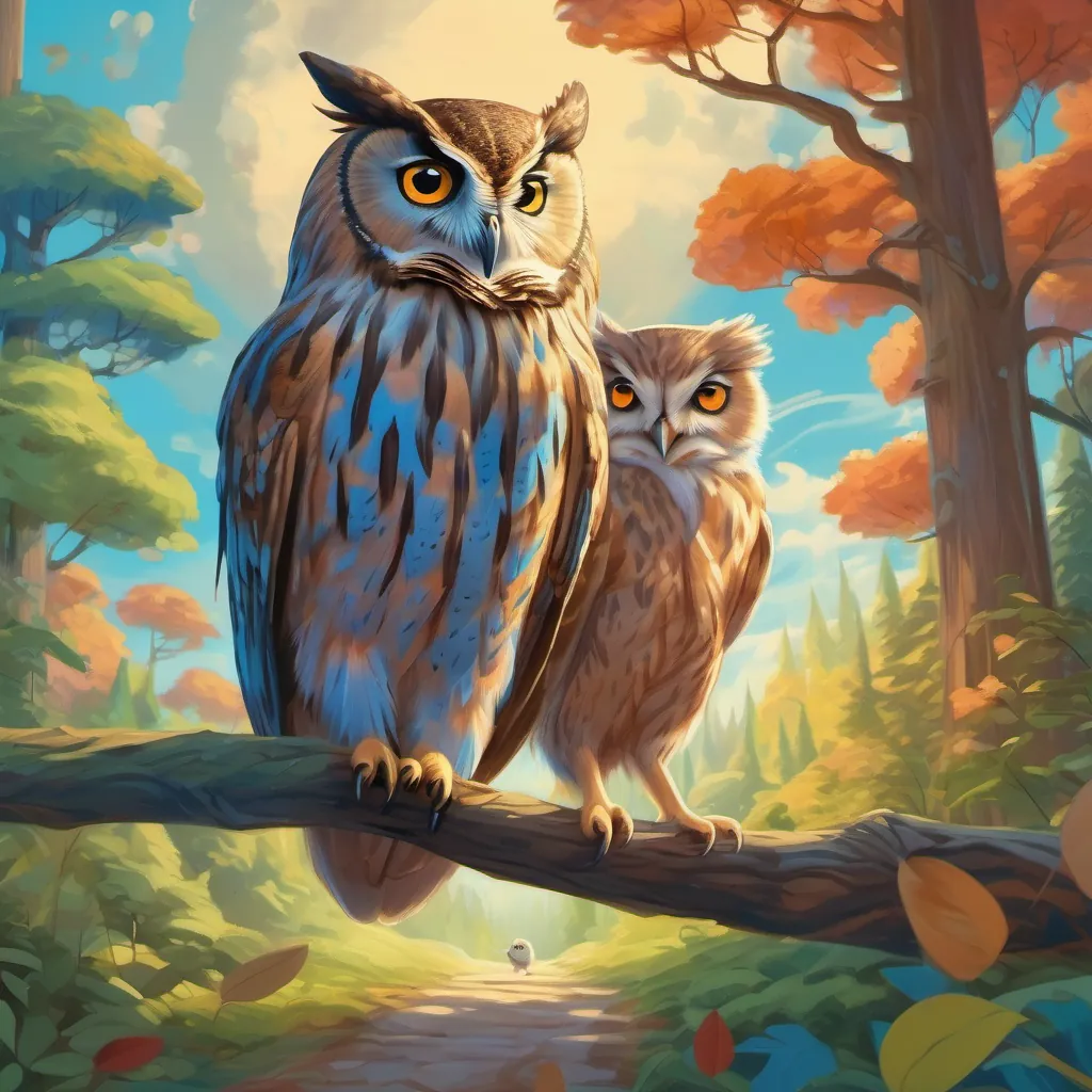 illustration of an owl and a mouse starting their journey from the forest, with vibrant imagery of trees and blue skies
