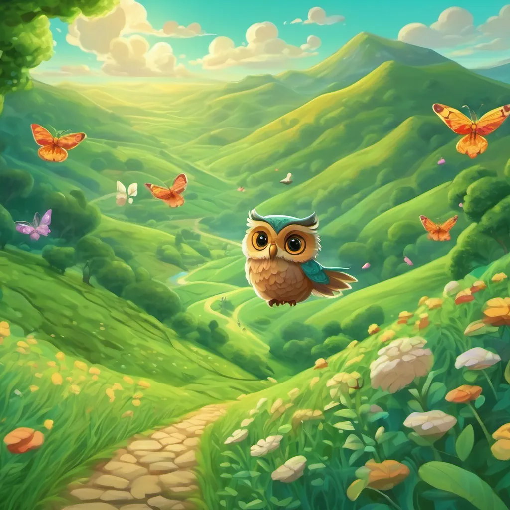 illustration of an owl and mouse traveling through a lush green valley filled with dancing butterflies and over scenic hills with a gentle wind