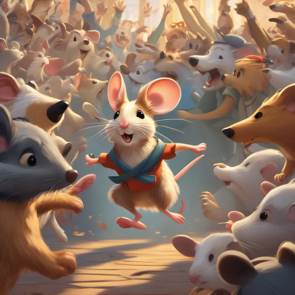 illustration of a brave mouse jumping into a crowd of animals, looking amazed and proud