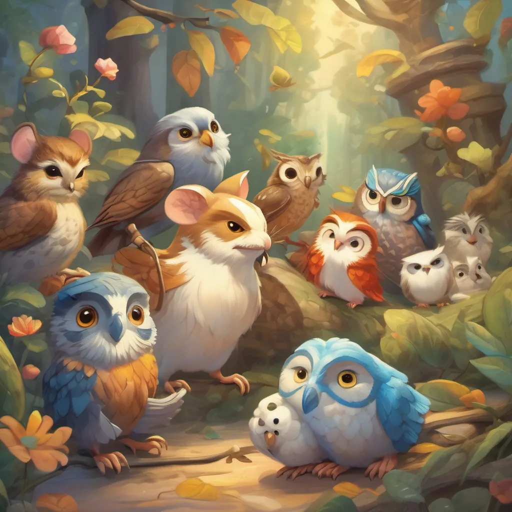 illustration of a joyful mouse with a proud owl, both surrounded by other creatures, celebrating their journey together