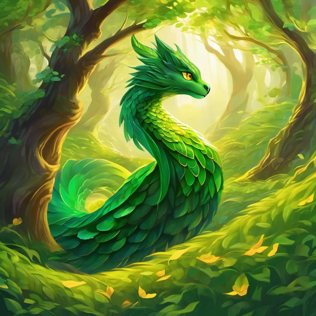 The Vibrant green scales, golden eyes, majestic curved crest, gentle and trusting had bright, golden eyes. Its long, curved crest swayed gently as it moved.