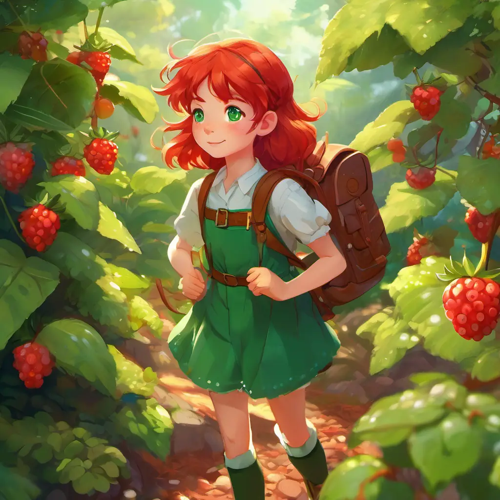 Tiny, colorful berries dotted the ground, and the Red hair, emerald green eyes, strong and determined, wearing tattered but sturdy clothing's satchel was filled with crunchy herbs and juicy fruits.
