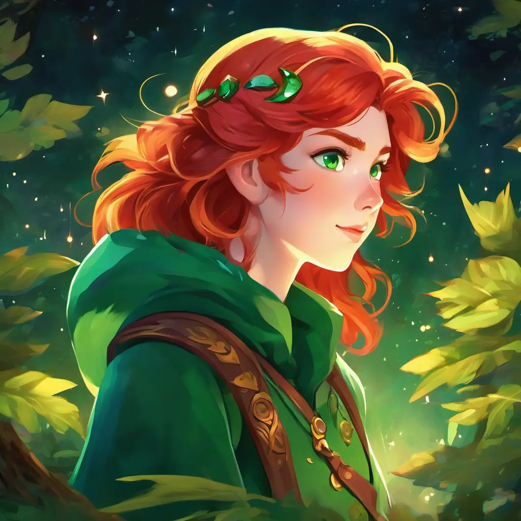 The stars twinkled above as the Red hair, emerald green eyes, strong and determined, wearing tattered but sturdy clothing and Vibrant green scales, golden eyes, majestic curved crest, gentle and trusting sat in the moonlight, surrounded by the comforting sounds of nature.