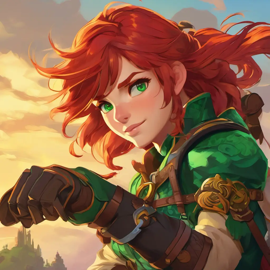 The Red hair, emerald green eyes, strong and determined, wearing tattered but sturdy clothing's hands were now adorned with sturdy leather gloves, and a colorful harness encircled the Vibrant green scales, golden eyes, majestic curved crest, gentle and trusting's neck.