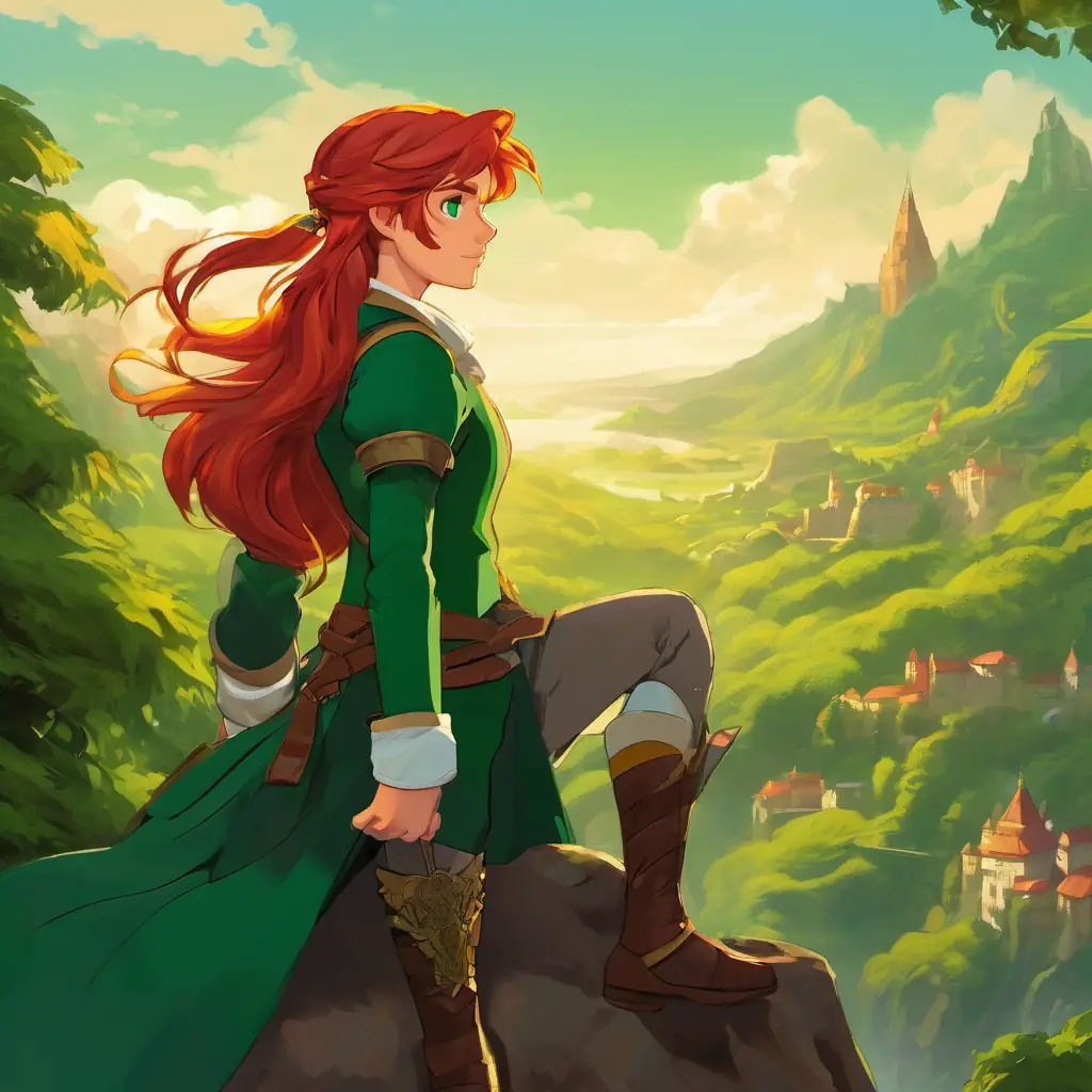 The Red hair, emerald green eyes, strong and determined, wearing tattered but sturdy clothing looked out into the horizon, a glimmer of determination shining in their eyes. The Vibrant green scales, golden eyes, majestic curved crest, gentle and trusting stood faithfully by their side.