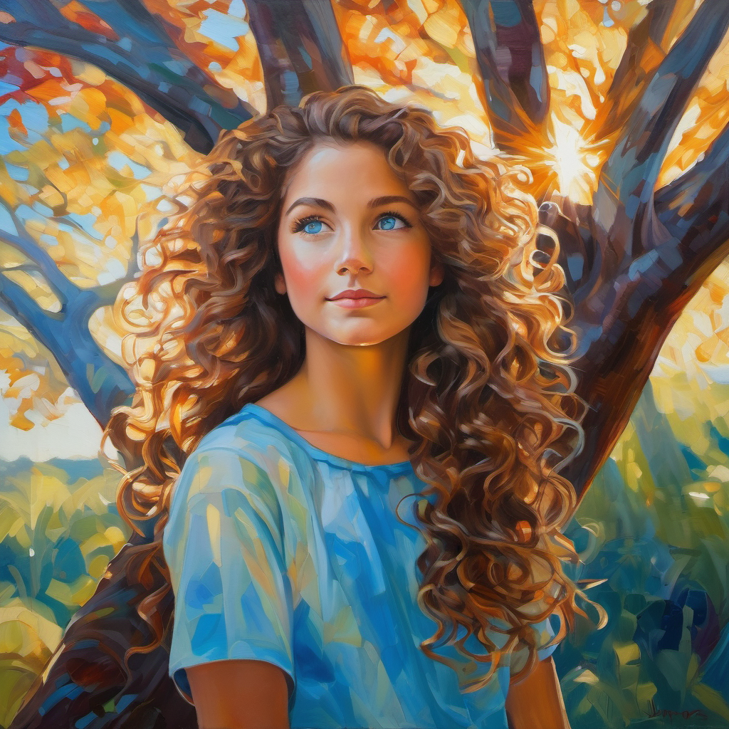 Curly brown hair, bright blue eyes, full of wonder gazing at a magnificent and colorful tree while rays of sunlight break through the branches.