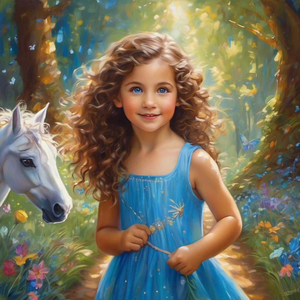 Curly brown hair, bright blue eyes, full of wonder walking along a path, surrounded by fairies, unicorns, and talking animals, all radiating magic and wonder.