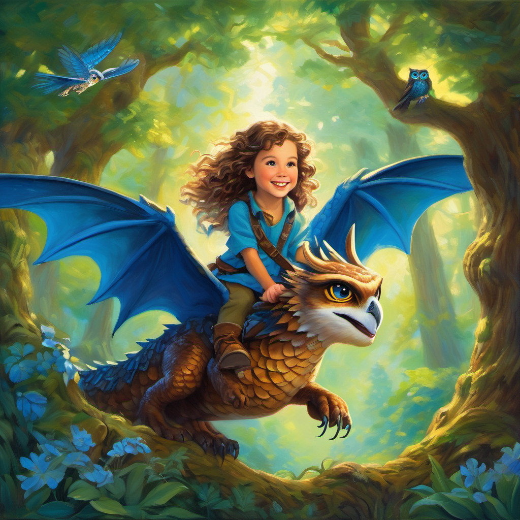 Curly brown hair, bright blue eyes, full of wonder flying on the back of a friendly dragon, accompanied by forest sprites and an owl, all having a playful time.