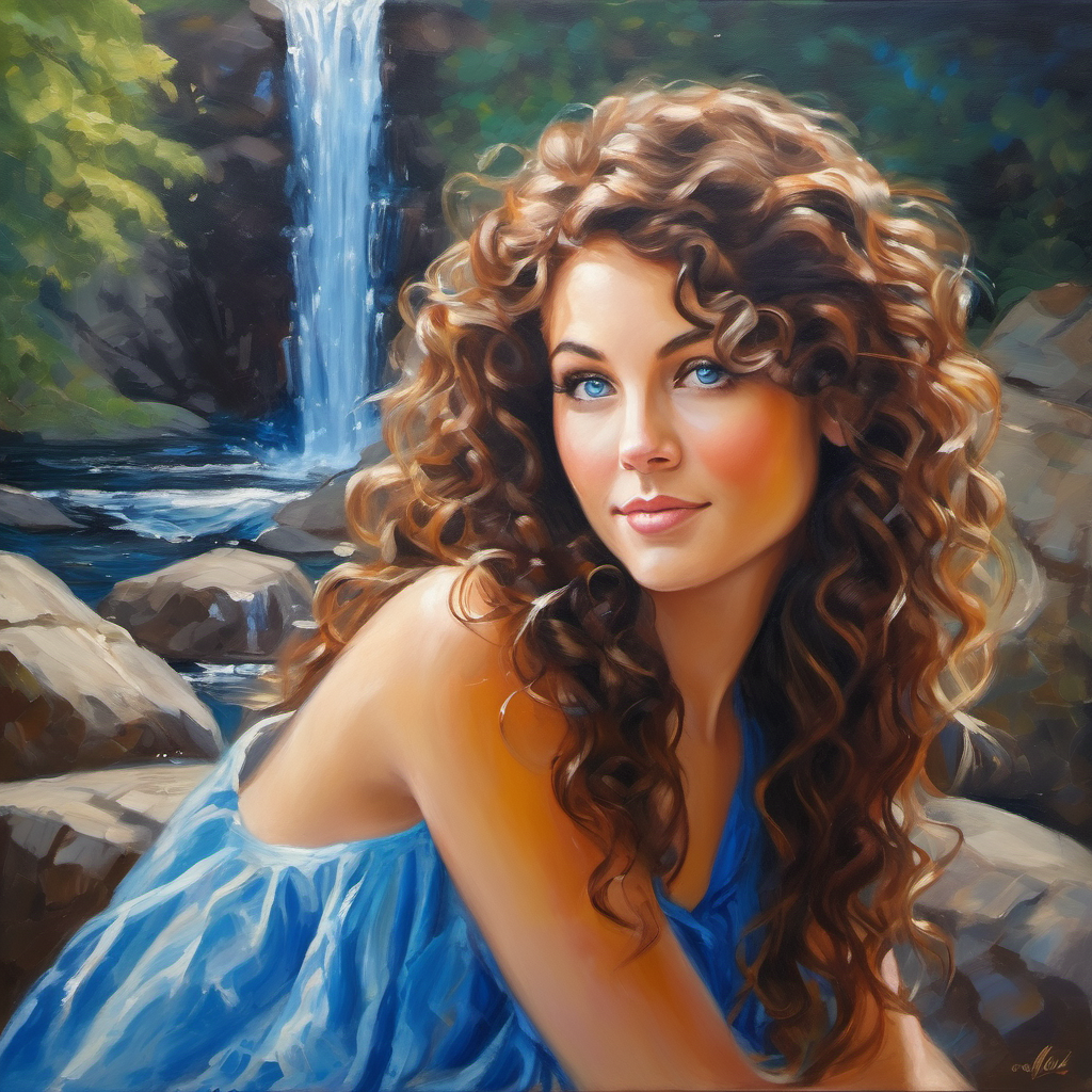 Curly brown hair, bright blue eyes, full of wonder sitting by a sparkling waterfall, serenely absorbing the tranquility of the surroundings.