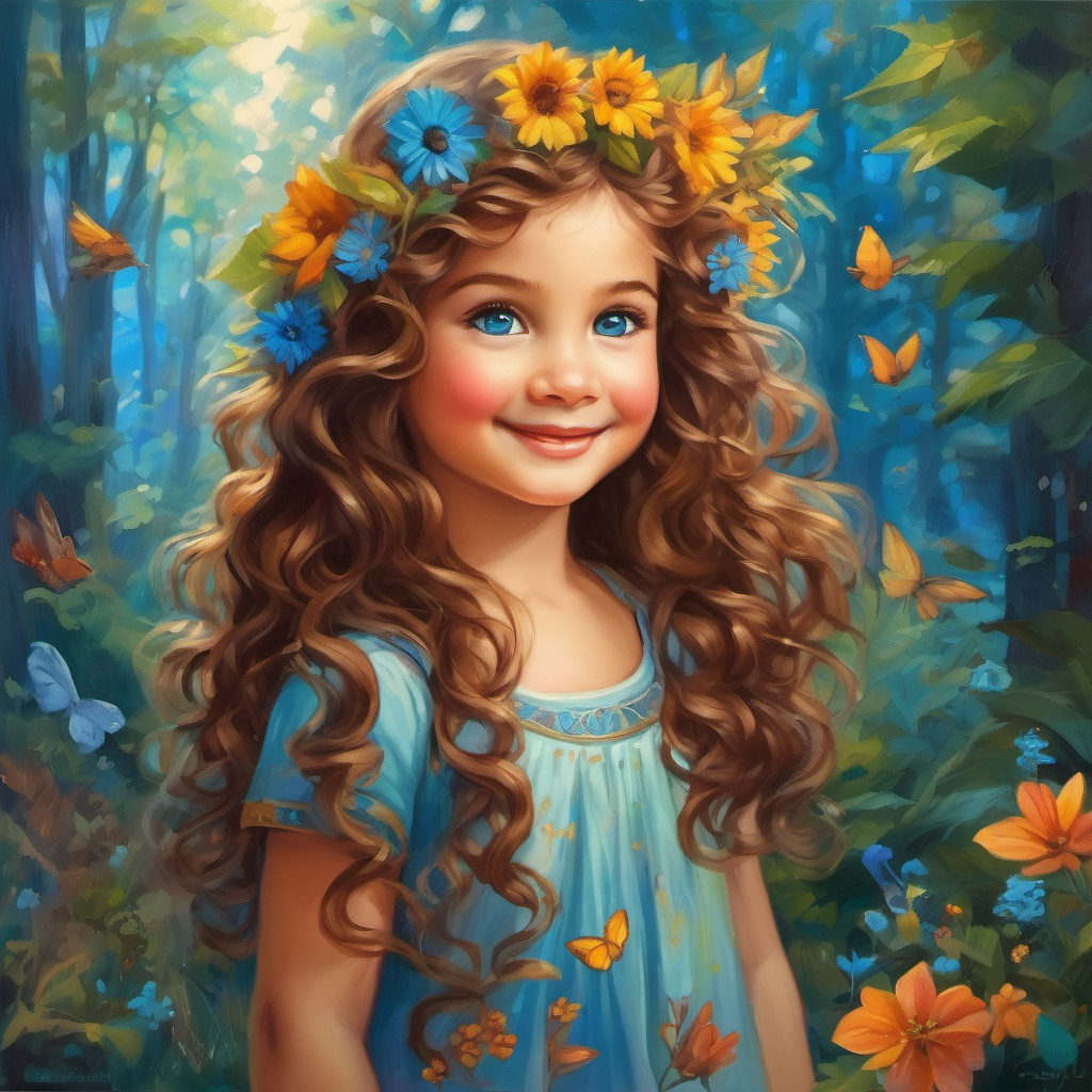 Curly brown hair, bright blue eyes, full of wonder waving goodbye to the magical forest, surrounded by her magical friends, with a bittersweet smile on her face.