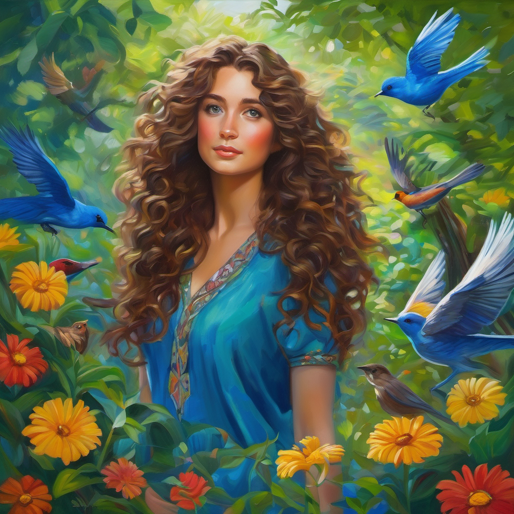 Curly brown hair, bright blue eyes, full of wonder standing in the middle of a lush green forest with colorful flowers and birds flying around.