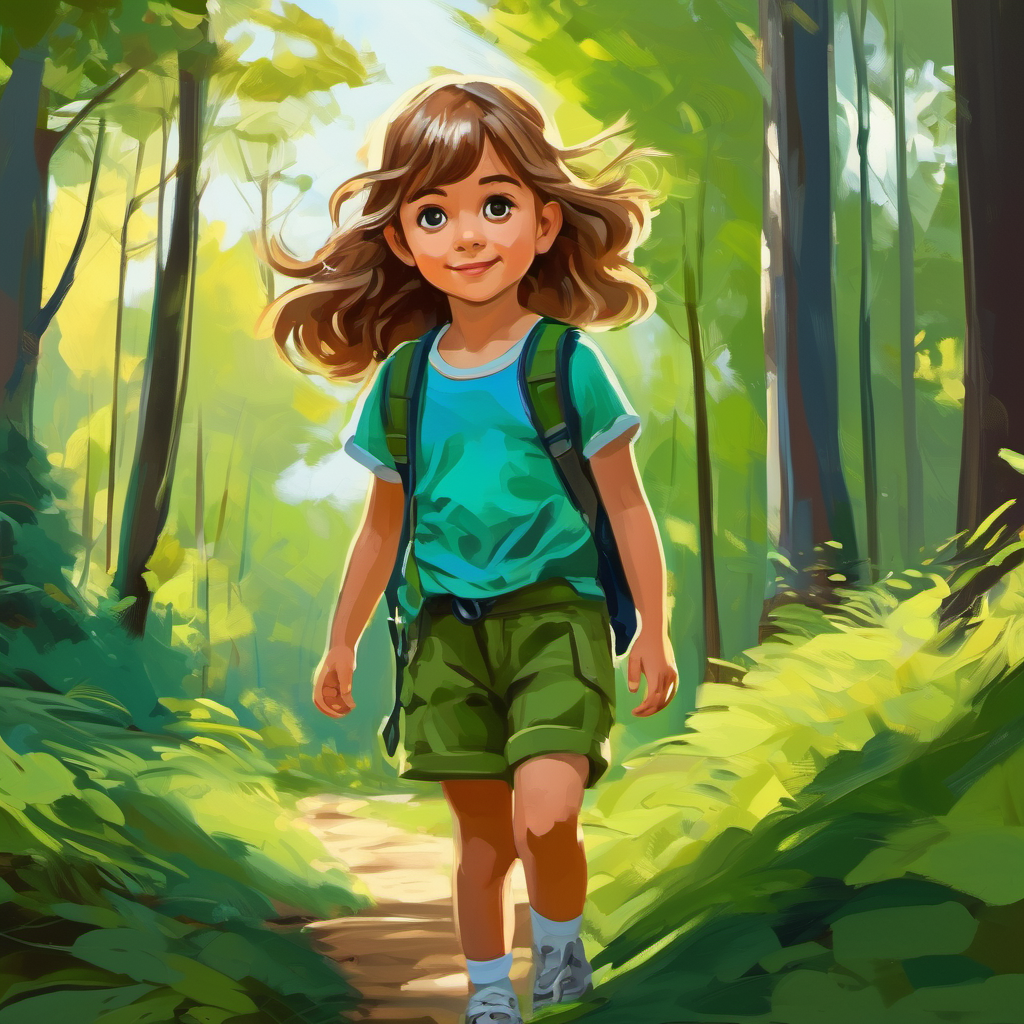 Niña con cabello castaño y pantalones verdes. y Niño con cabello rubio y camiseta azul. con mochilas, entran al bosque