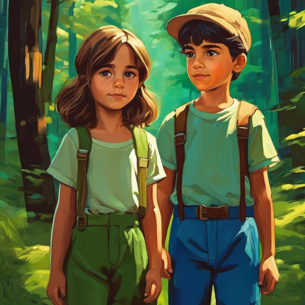 Niña con cabello castaño y pantalones verdes. y Niño con cabello rubio y camiseta azul. confundidos en el bosque oscuro