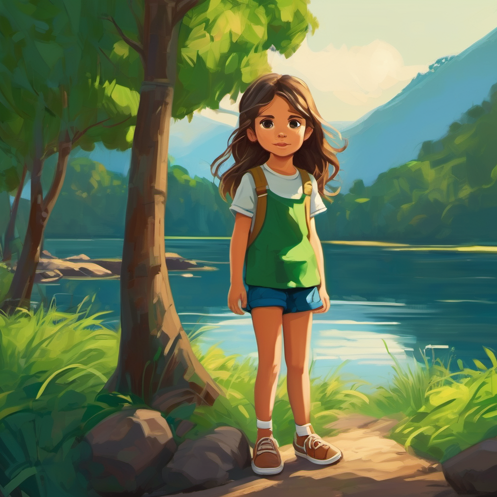 Niña con cabello castaño y pantalones verdes. escucha el río y señala a Niño con cabello rubio y camiseta azul.