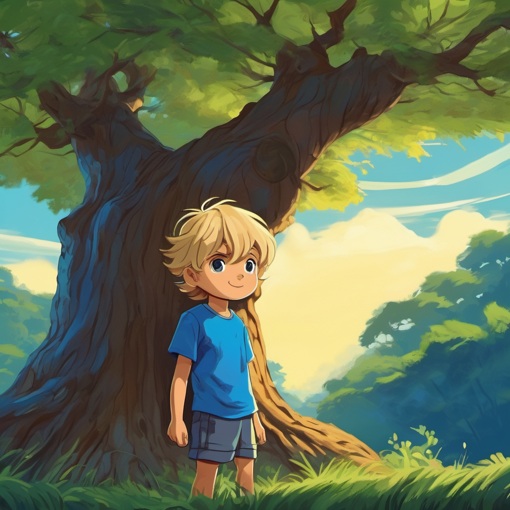 Niño con cabello rubio y camiseta azul. sube al árbol y mira hacia el horizonte