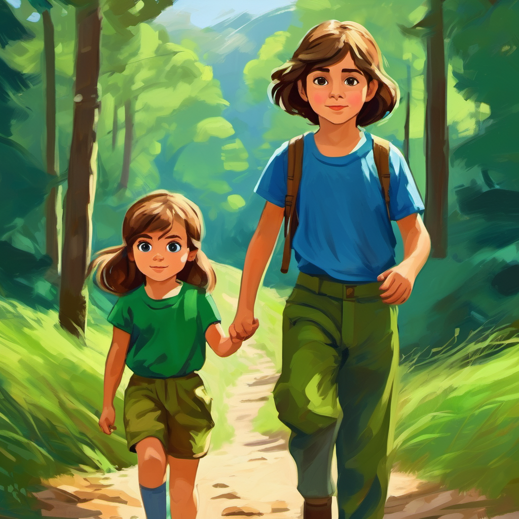 Niña con cabello castaño y pantalones verdes. y Niño con cabello rubio y camiseta azul. contentos con los excursionistas en el sendero