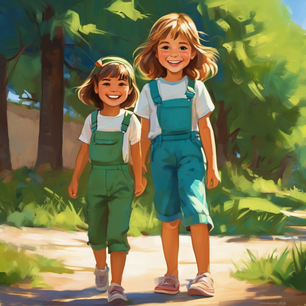 Niña con cabello castaño y pantalones verdes. y Niño con cabello rubio y camiseta azul. sonrientes, aprendieron a trabajar juntos