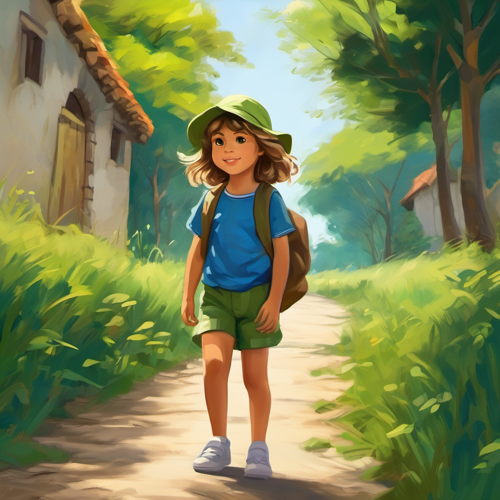 Niña con cabello castaño y pantalones verdes. y Niño con cabello rubio y camiseta azul. con sus mochilas y una brújula