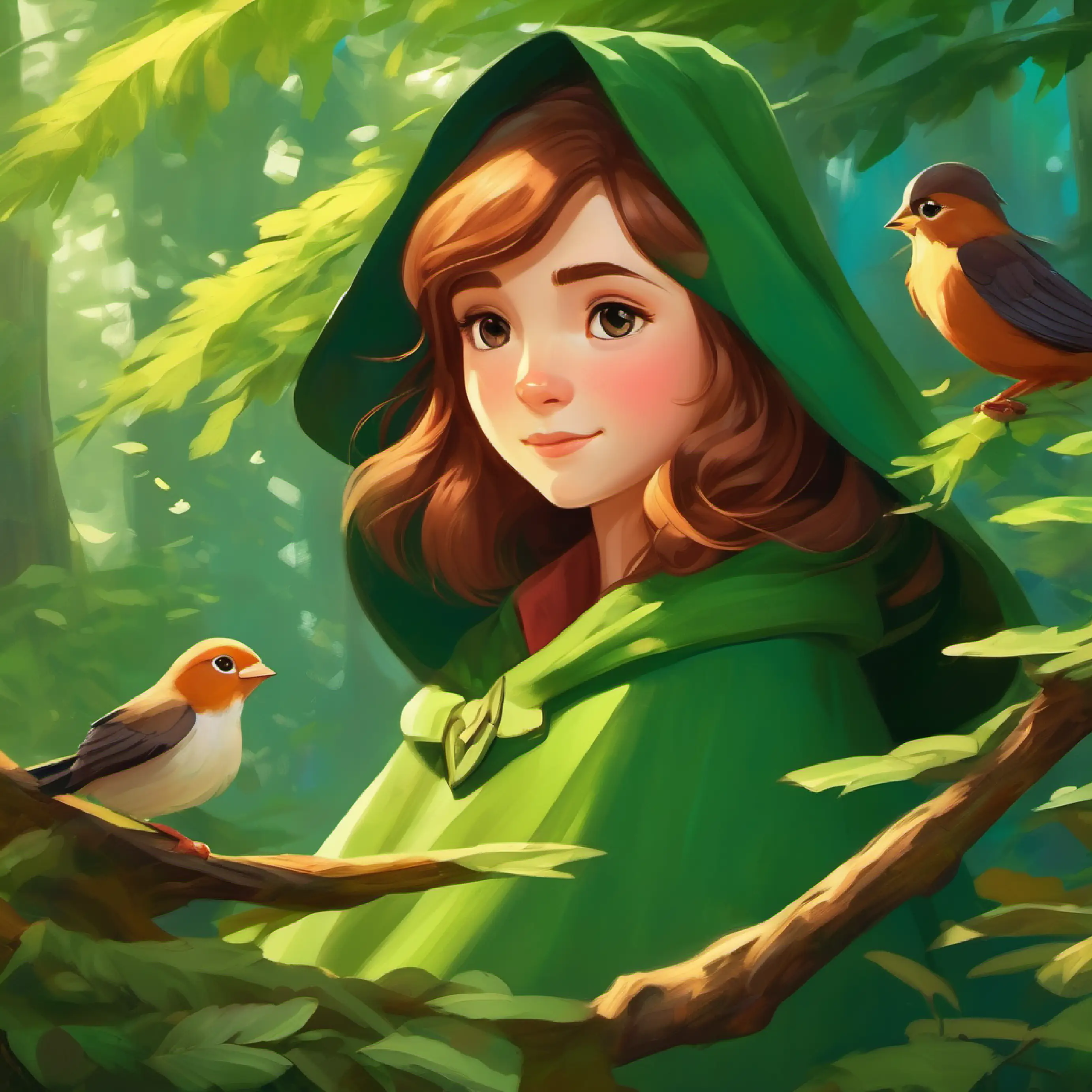 Introduction of Girl with chestnut hair, compassionate eyes, often wears a green cloak and her birds in Verdant Wonderland.