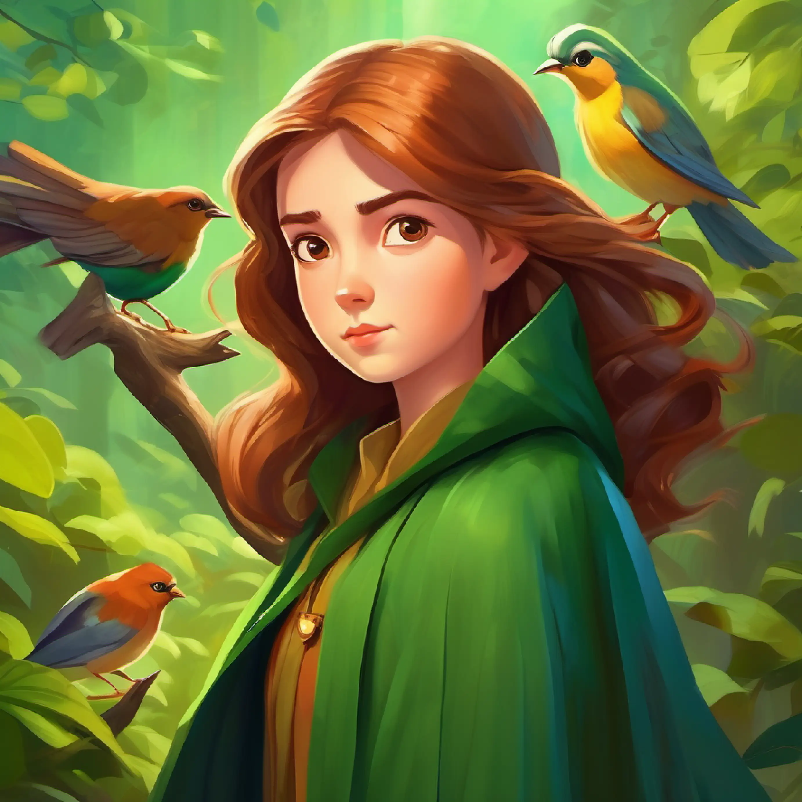 Girl with chestnut hair, compassionate eyes, often wears a green cloak manages a disagreement among her birds.