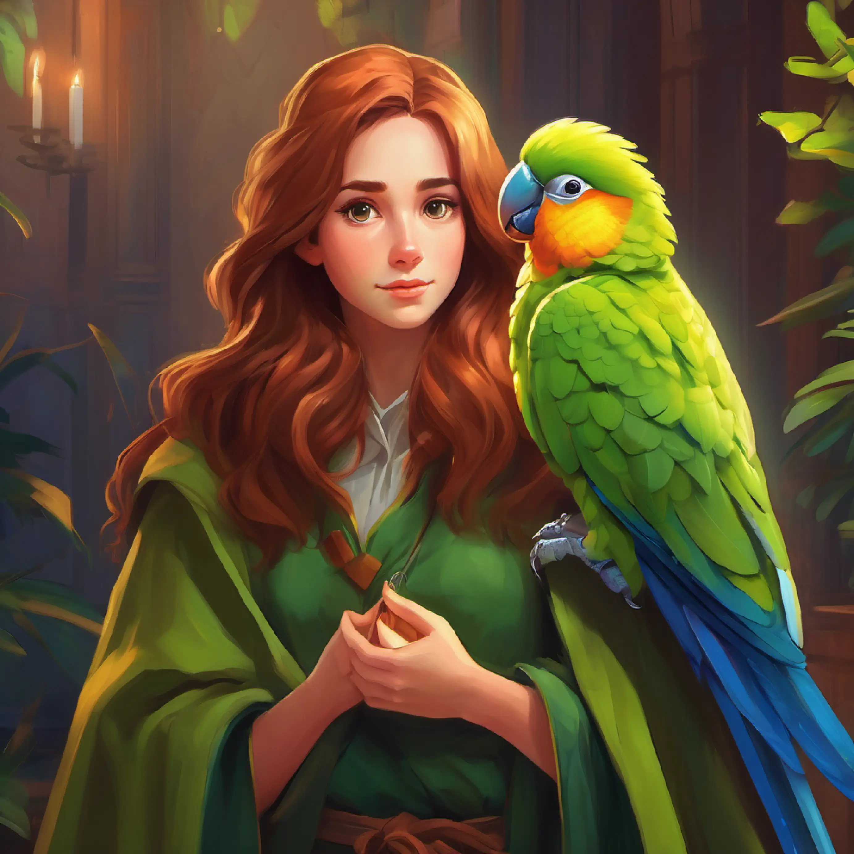 Girl with chestnut hair, compassionate eyes, often wears a green cloak teaches parrots about meaningful communication in Echoing Expanse.