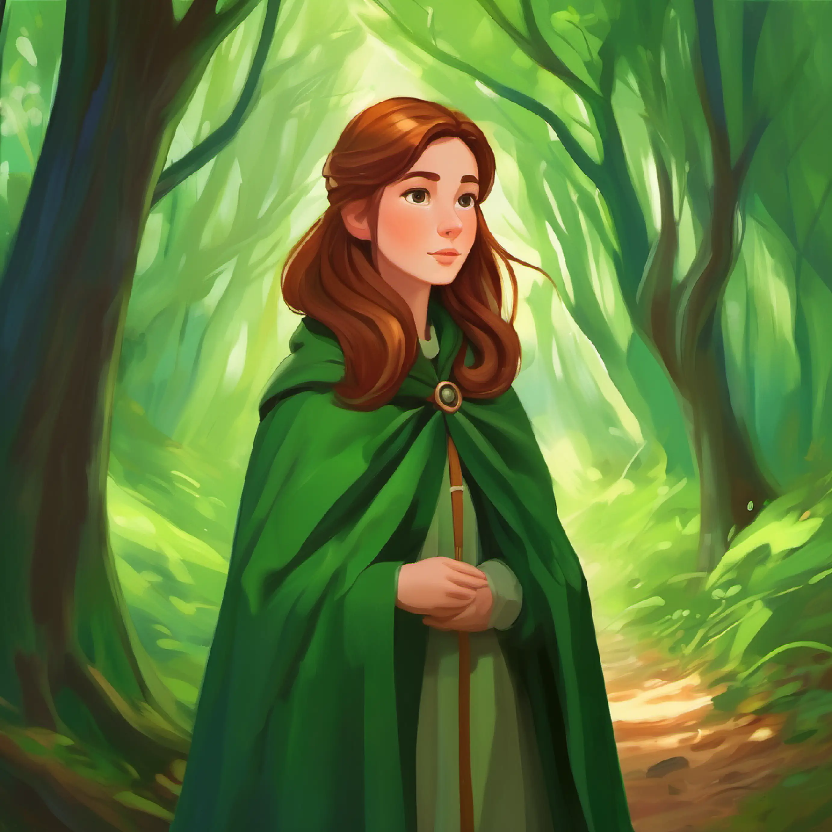 Girl with chestnut hair, compassionate eyes, often wears a green cloak appreciates silence as a form of communication in the Whispering Woods.