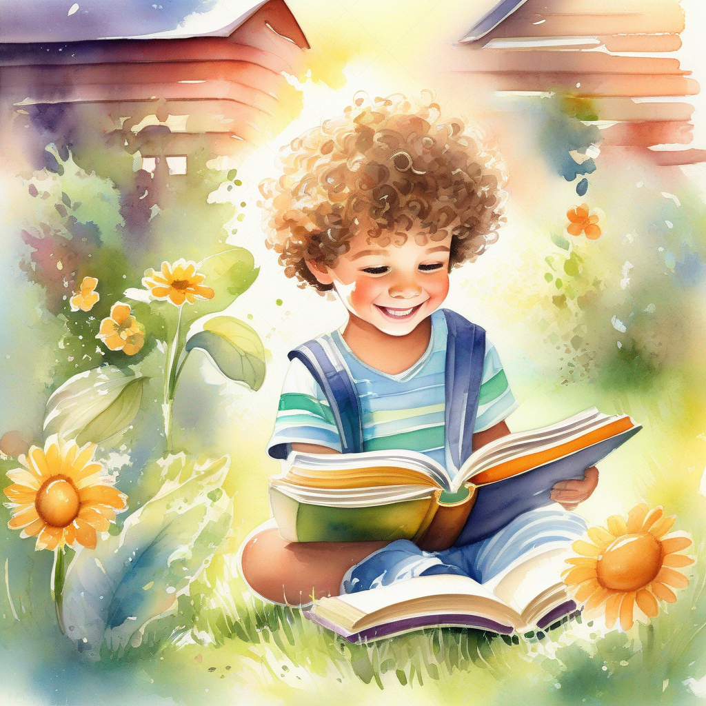 Little boy with curly hair and a big smile. finds a magical book in his backyard, sunny day.