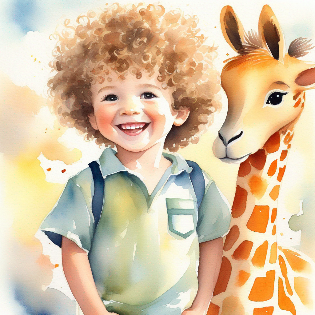 Little boy with curly hair and a big smile. meets a giraffe, a bird, and a rabbit in the new world.