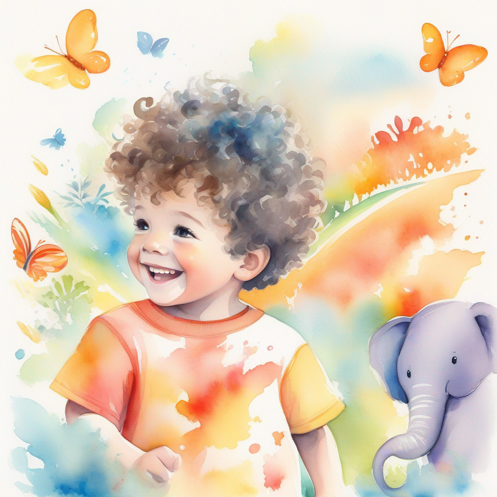 Little boy with curly hair and a big smile. sees a fish, an elephant, and a butterfly with colorful wings.