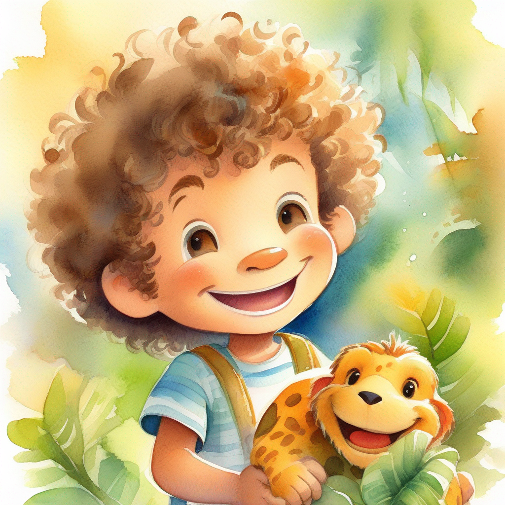 Little boy with curly hair and a big smile. finds a turtle, a monkey, and a lion in his adventure.