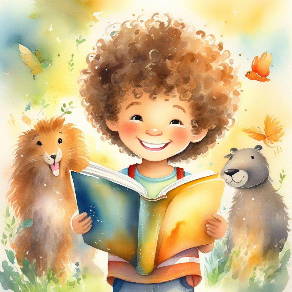 Little boy with curly hair and a big smile. closes the magical book and promises to appreciate animals.