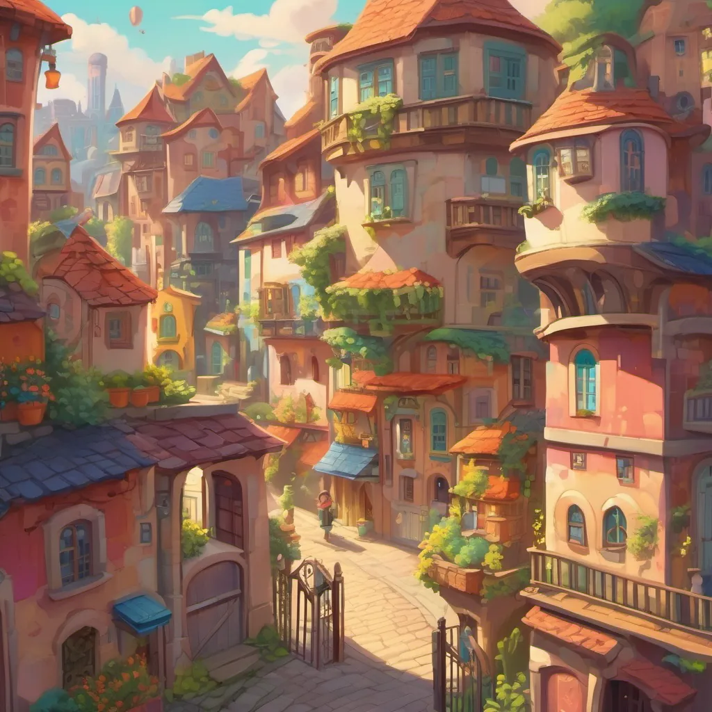 A whimsical town with crooked buildings, bright colors, and a vibrant school with animated windows and gates.