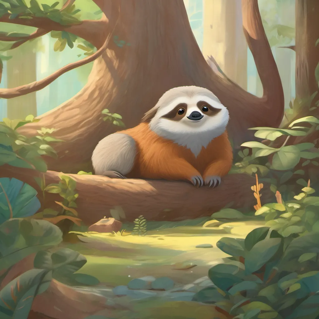 A calm and wise sloth character providing guidance with a comforting presence, a calm and wise sloth character, with a comforting demeanor, speaking with An inquisitive and vibrant squirrel exploring the world with curiosity and determination.