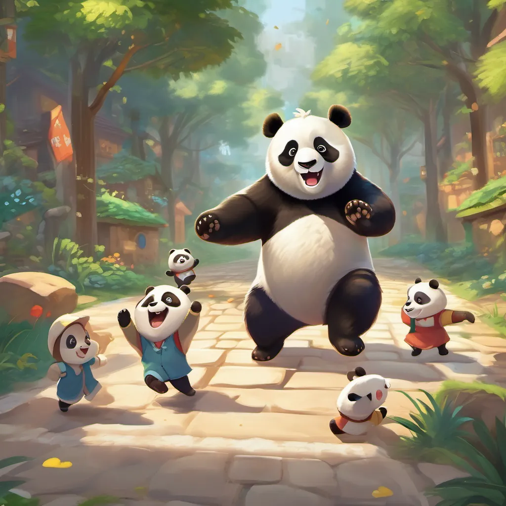 A joyful panda leading with a cheerful attitude, emphasizing teamwork showing the first move in the hopscotch game, with joy and unity reflected in all the characters' expressions.