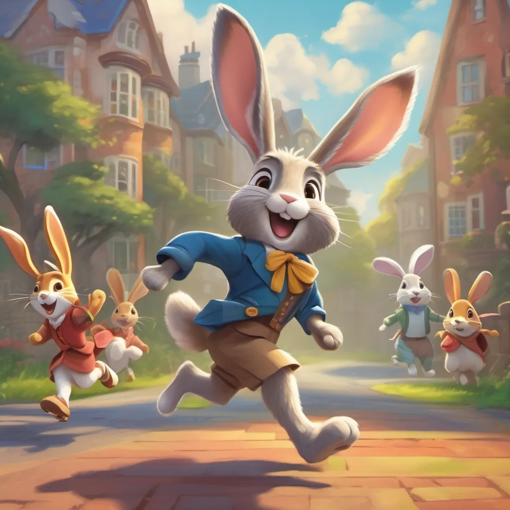 An energetic jackrabbit leading with enthusiasm, teaching others hopscotch leading with enthusiasm, teaching others the joyful steps of hopscotch in rhythm.