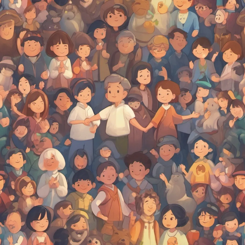 All characters holding hands and singing together, expressing unity and joy in harmony.