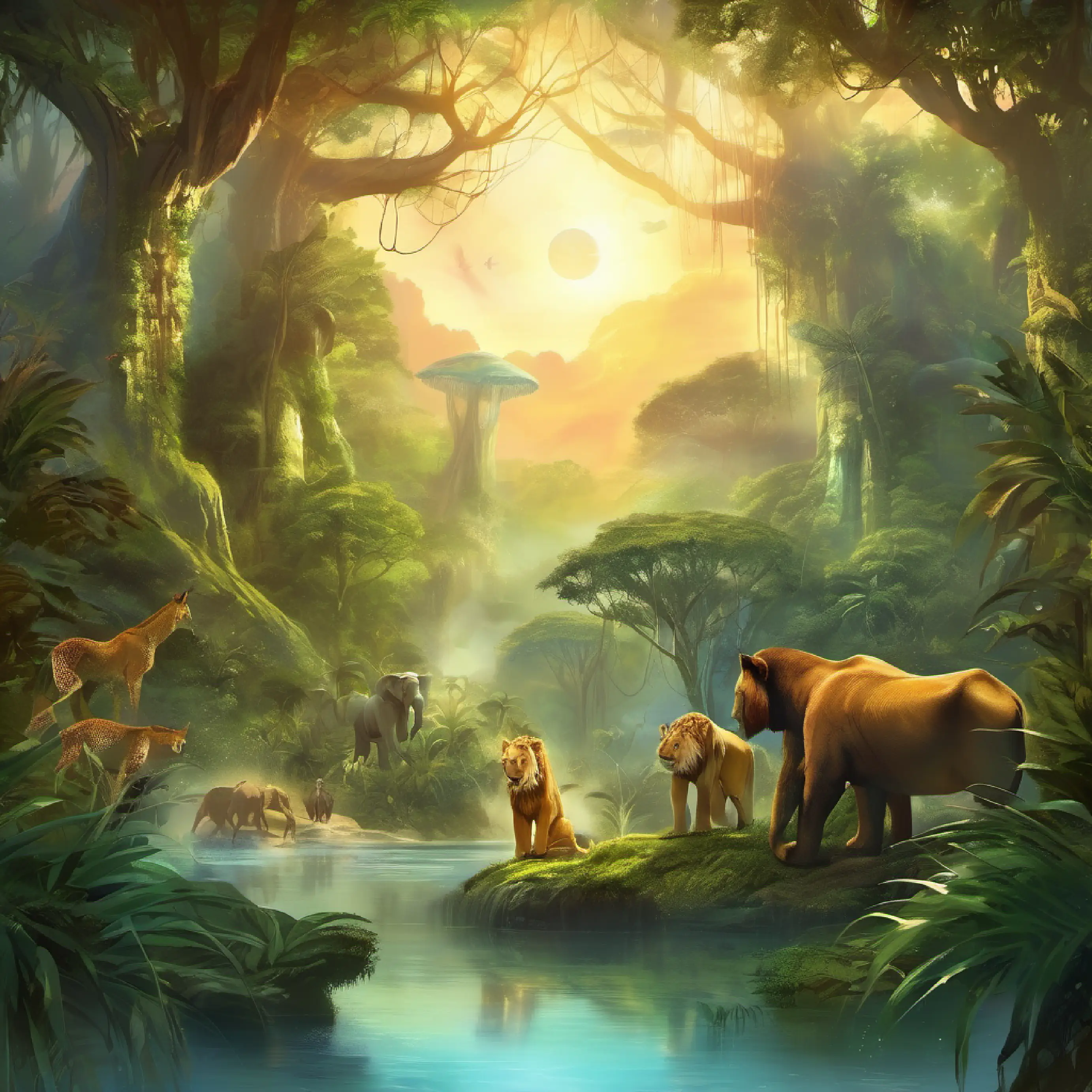 Introduction to the jungle setting and the presence of five wild animals.