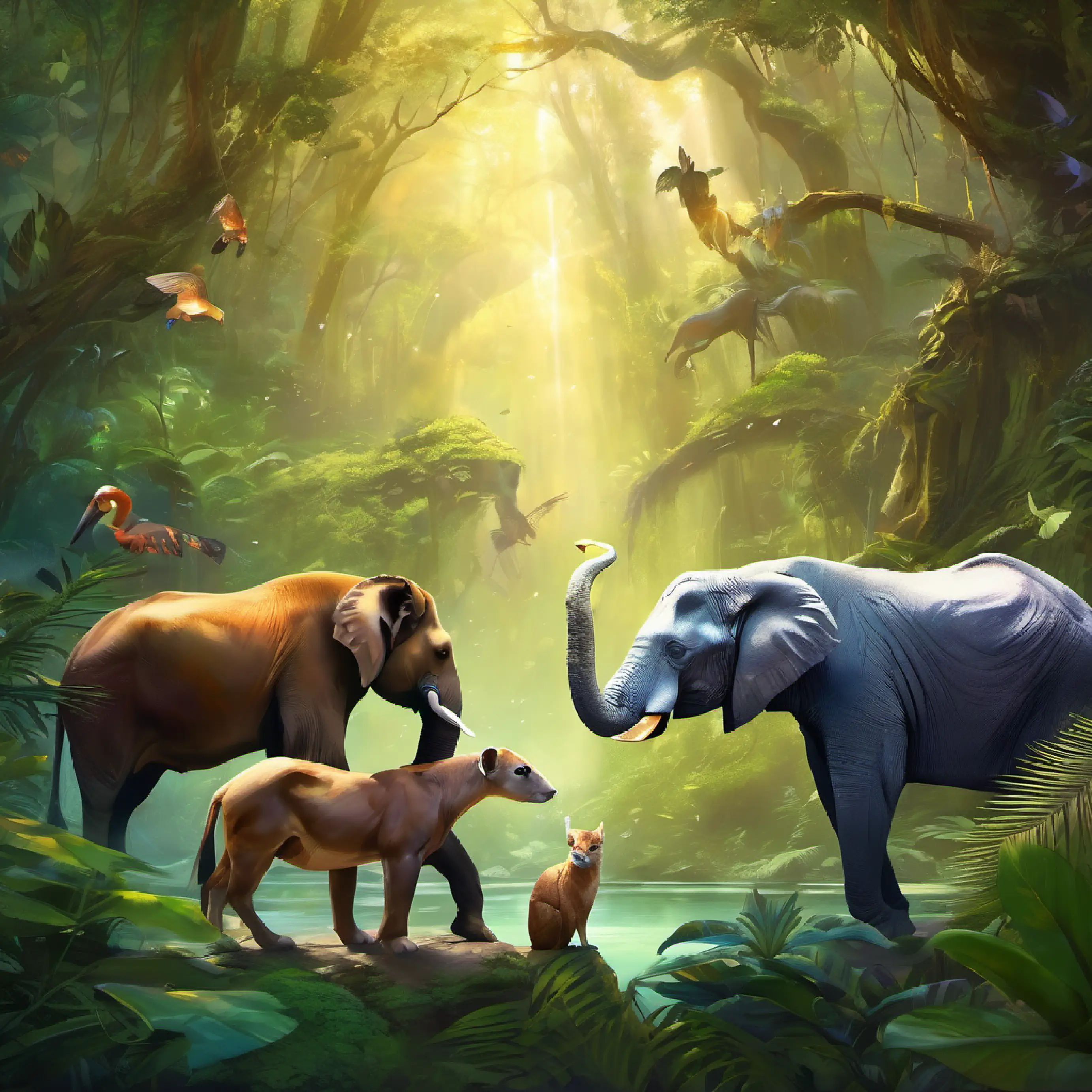 The animals displaying their unique qualities while exploring the jungle.