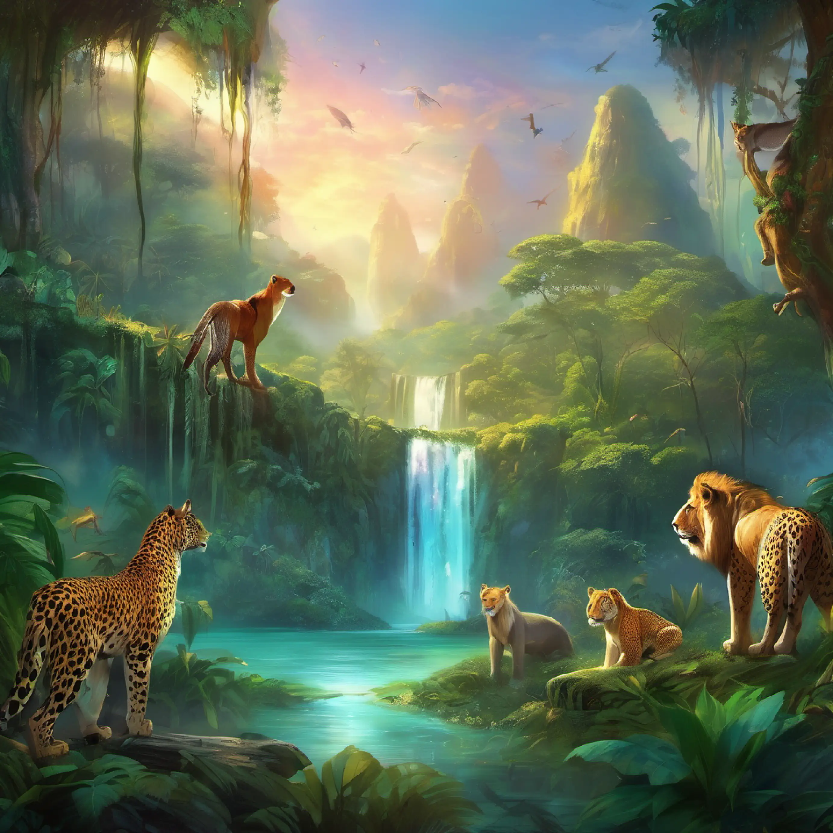 Introduction to the jungle setting and the presence of five wild animals.