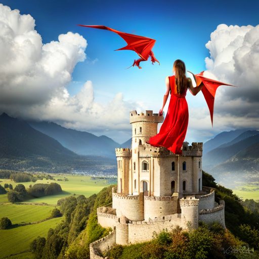 Sara and the dragon flying in the sky, visiting castles