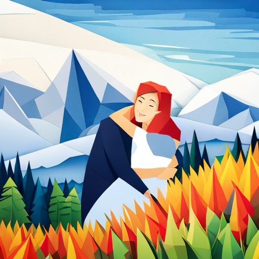 Sara and the old lady hugging, surrounded by beautiful scenery