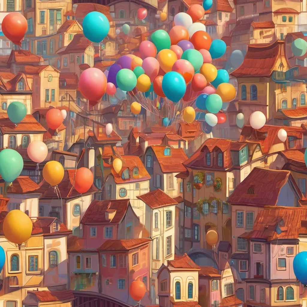 A whimsical town named Tootlesworth with colorful balloons, a cheerful boy holding balloons.