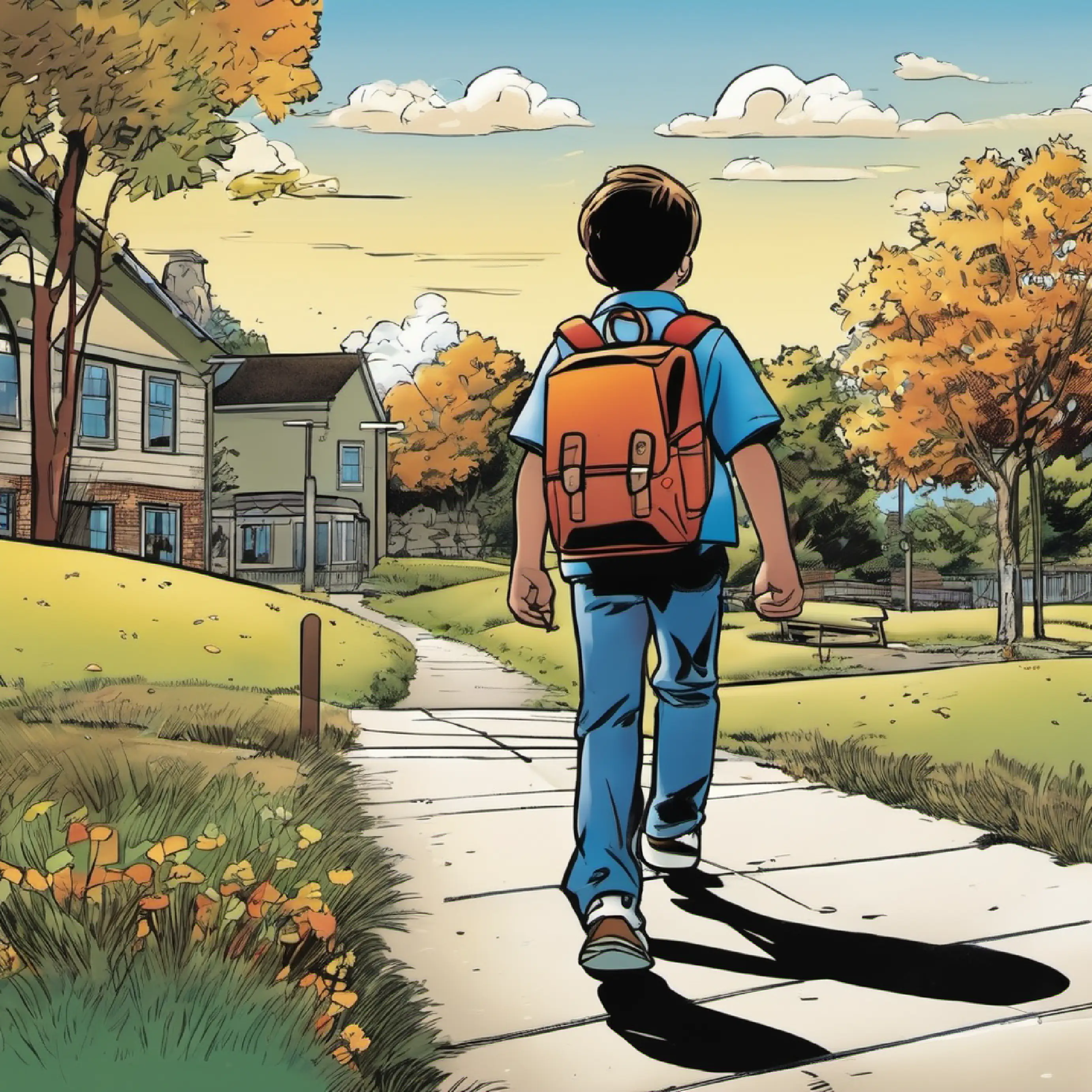 Max walking to school with a backpack. Simple outdoor setting, no characters mentioned.