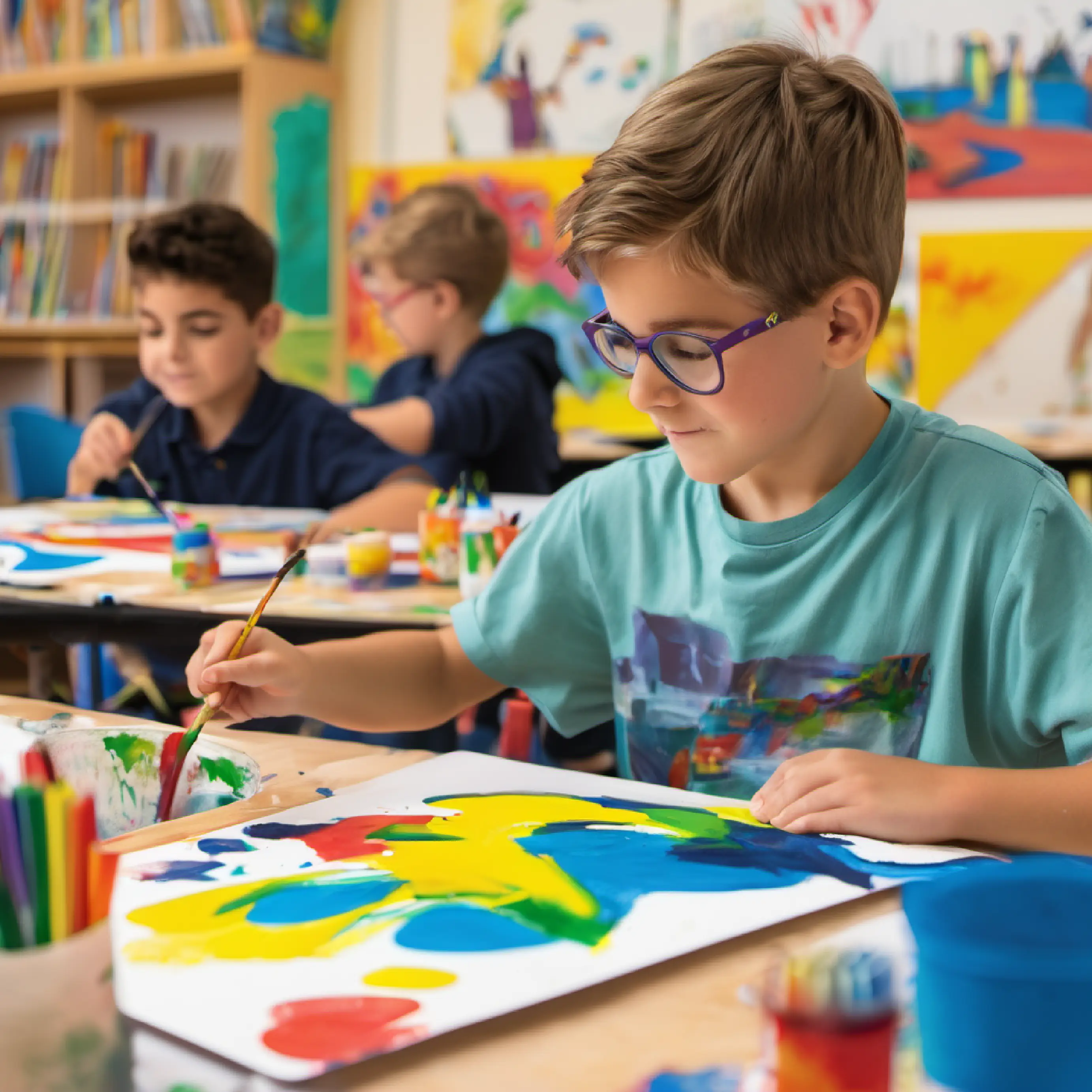 Max painting in an art class. School setting with creative activity.