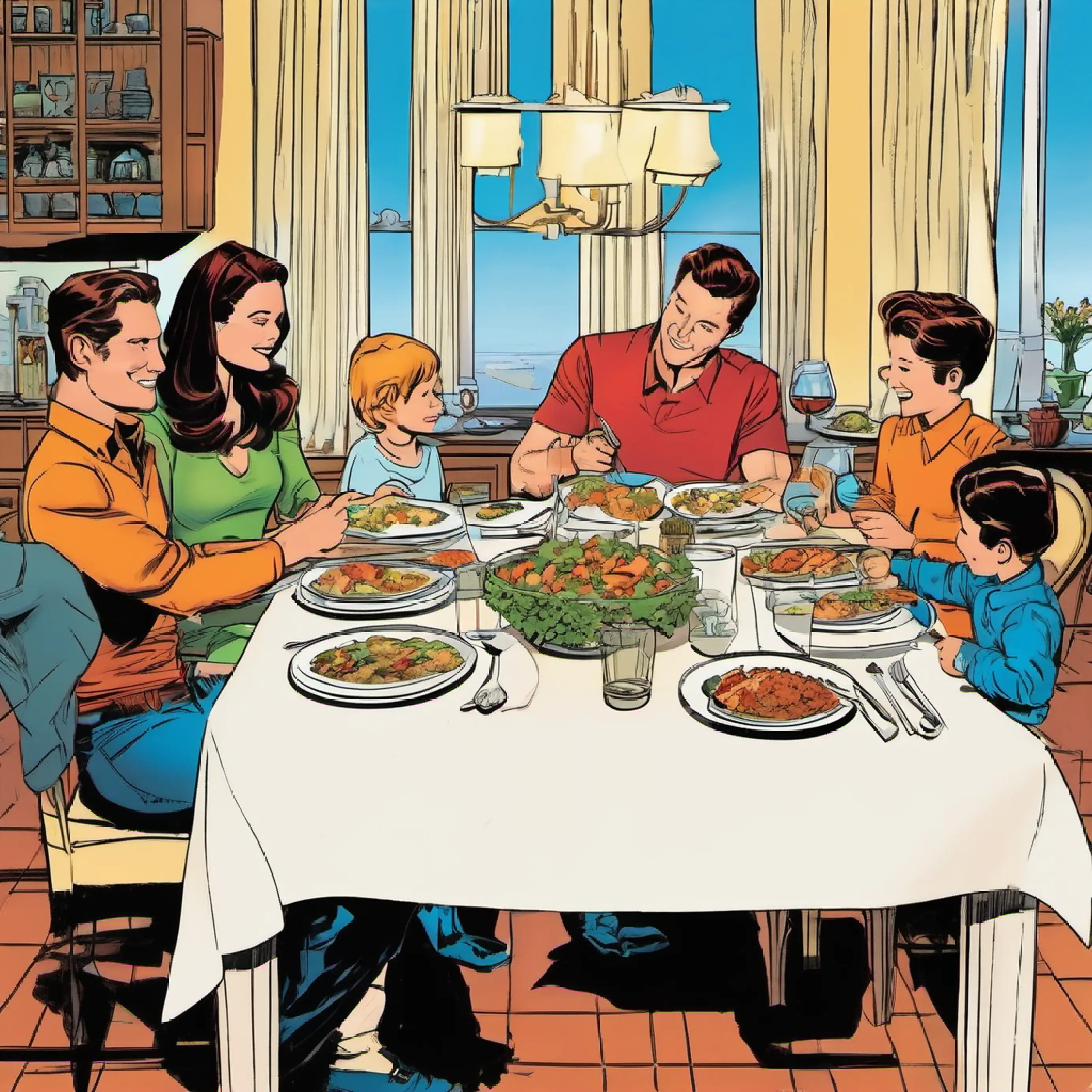 Max and his family having dinner together. Domestic setting, family mealtime.