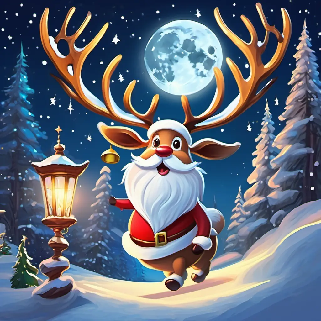 Large, majestic, with antlers, flying through the night soaring with jingling bells, Santa waving to the moon and stars.