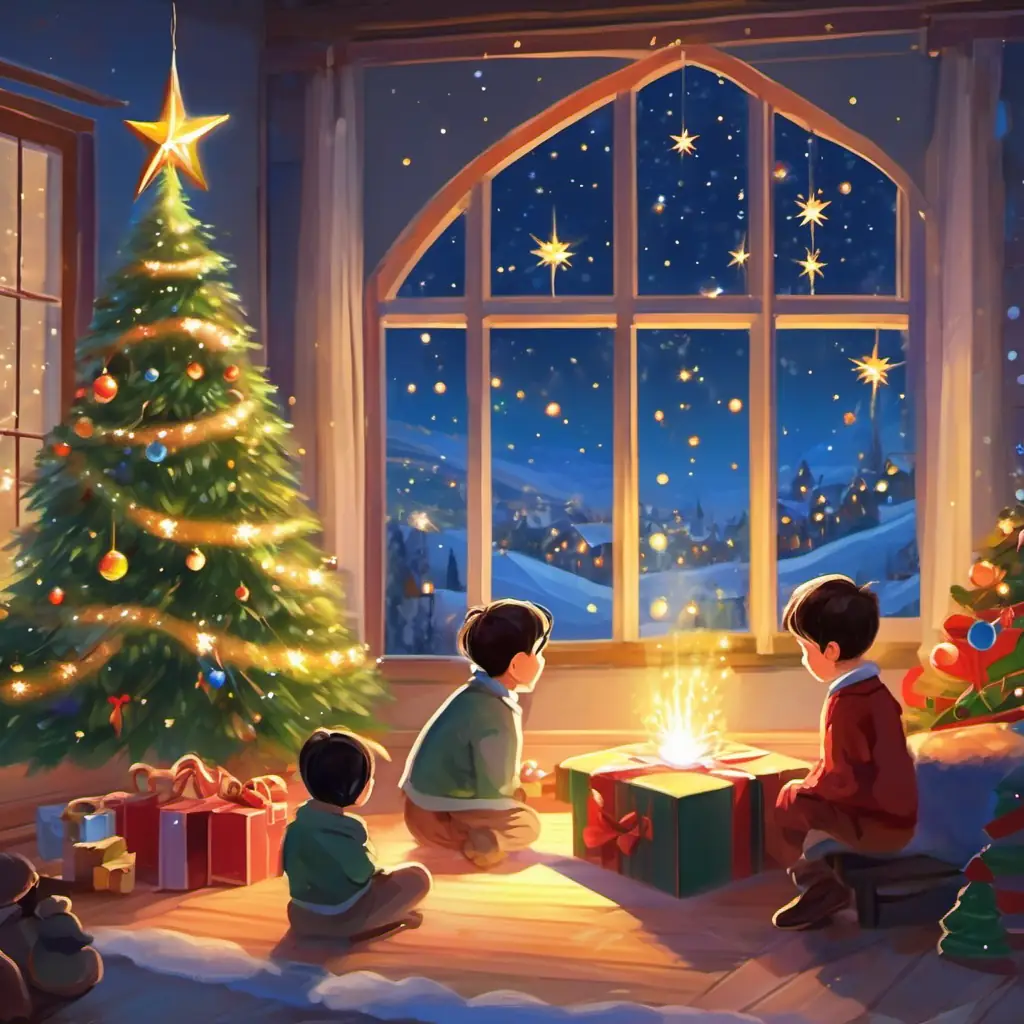 Stars twinkling, children awakening to find their wishes come true on Christmas morning.