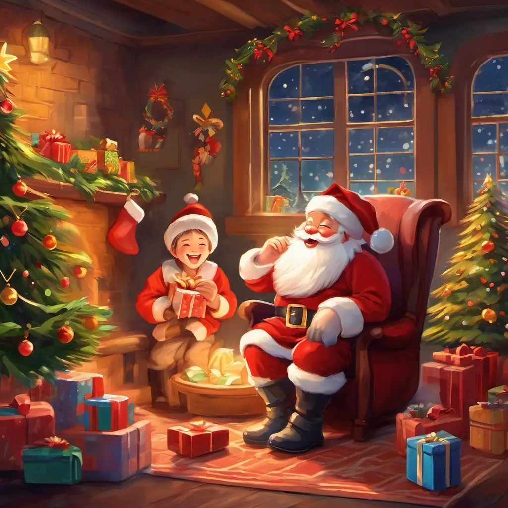 Santa's cheerful laughter, imagining children's joy upon receiving gifts.