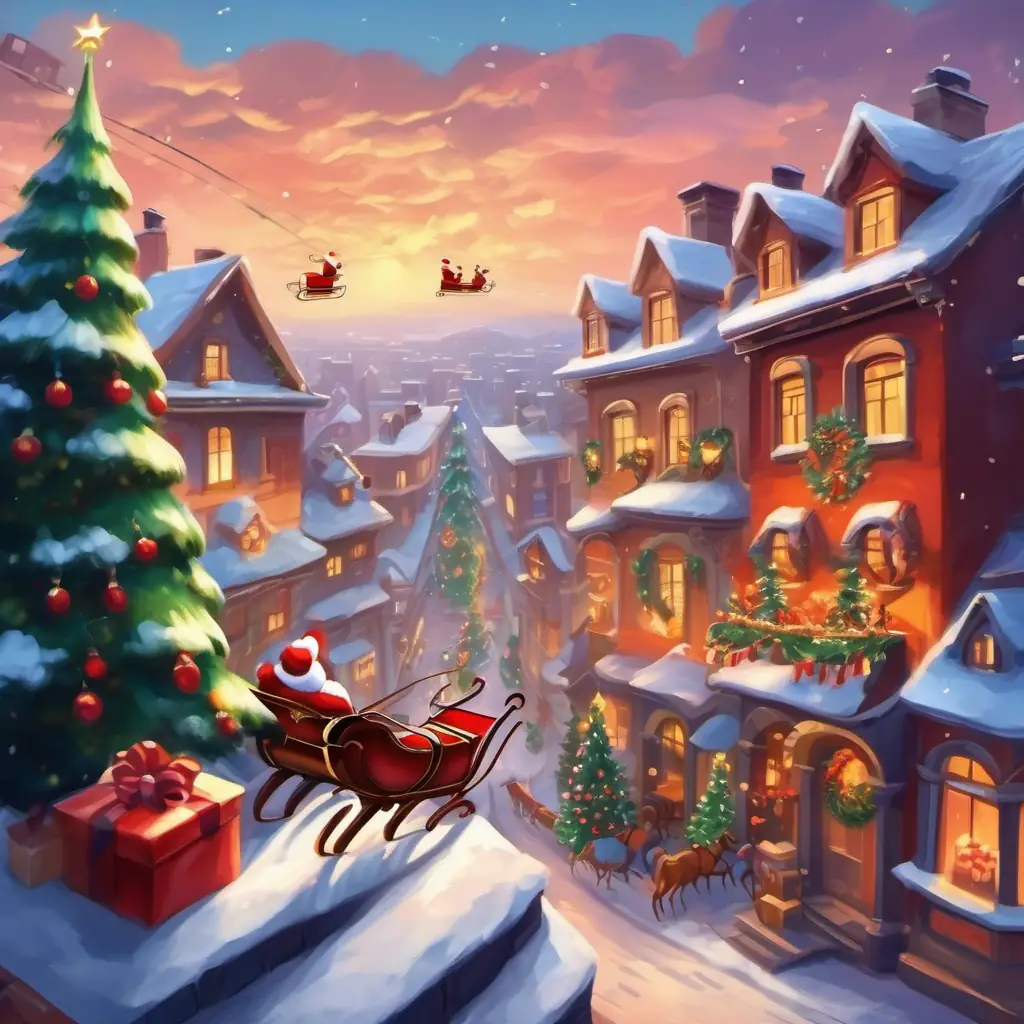 Santa's sleigh landing on rooftops, tiptoeing to leave presents under Christmas trees.